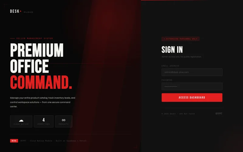 Desk+ Cloud login: 'Premium office command.' in bold red and white
