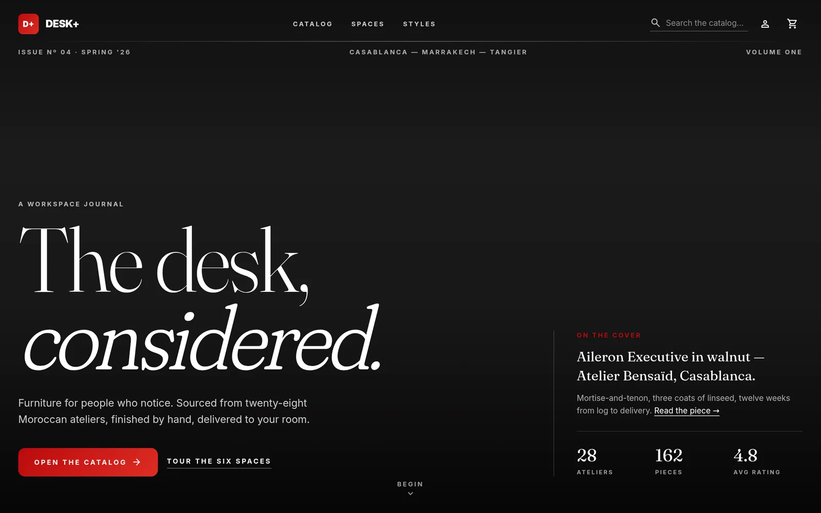 Desk+ home page: a dark editorial hero reading 'The desk, considered.' with issue numbers and a red catalogue button