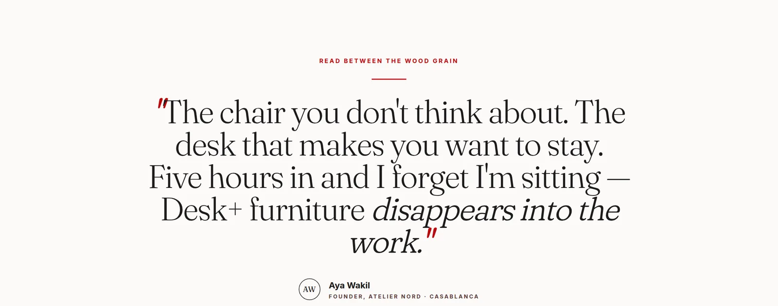 Desk+ pull quote section: a customer quote set large in a serif, between chapters of the home page