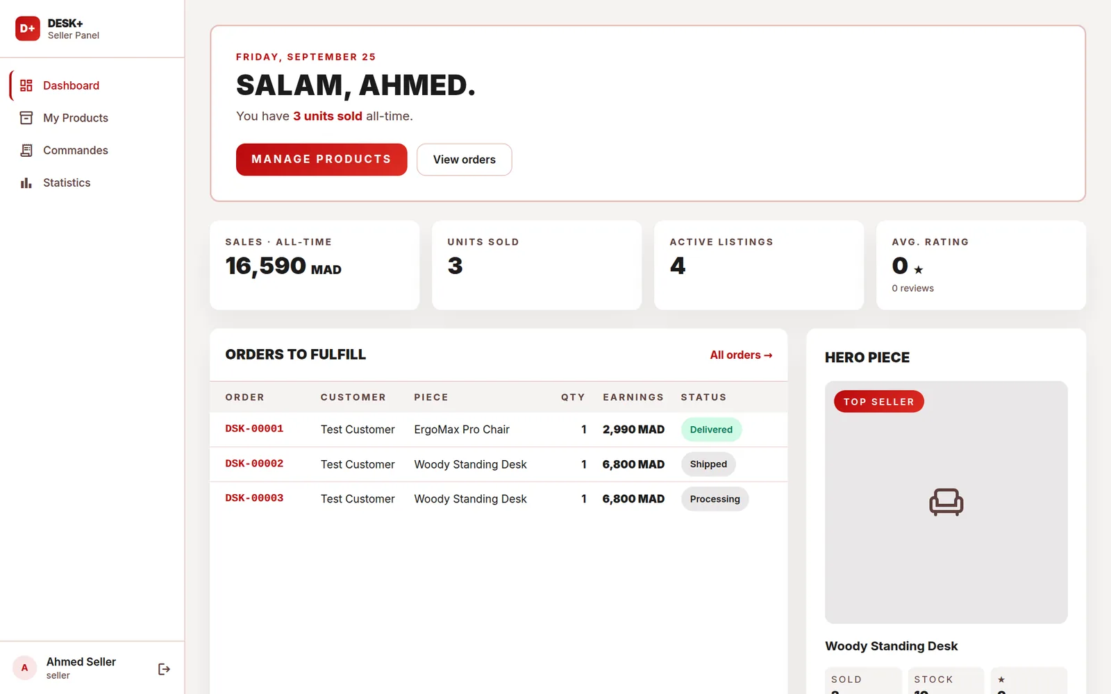 Desk+ seller dashboard: greeting, all-time sales of 16,590 MAD, units sold, active listings and an orders-to-fulfil table