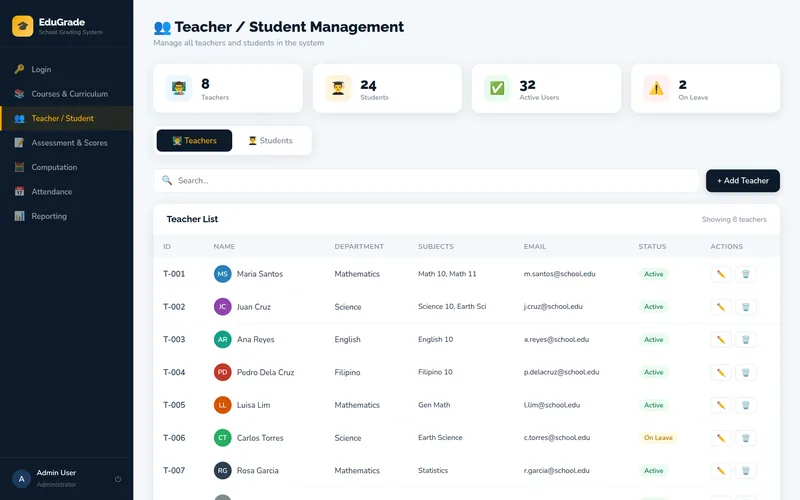 EduGrade teacher and student management table