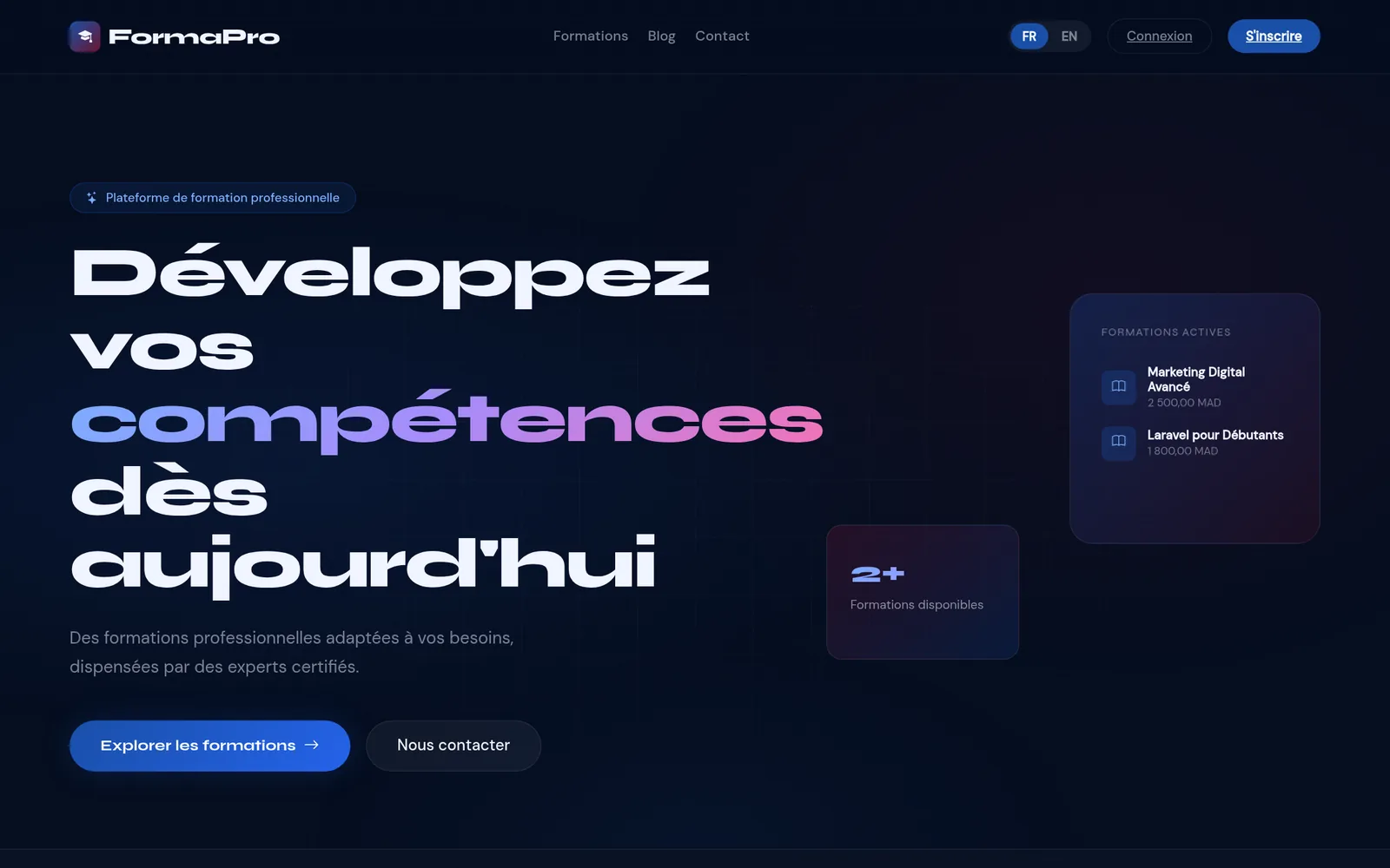 FormaPro home page in French: 'Développez vos compétences dès aujourd'hui' with active courses listed