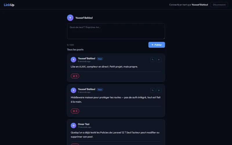 LinkUp feed with a post composer and posts with like counters