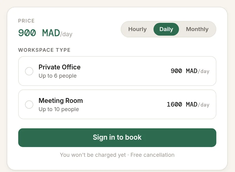 Locandwork booking widget: 900 MAD per day, hourly/daily/monthly toggle, workspace types to choose from