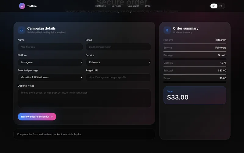 TikRise checkout: campaign details form next to a live order summary