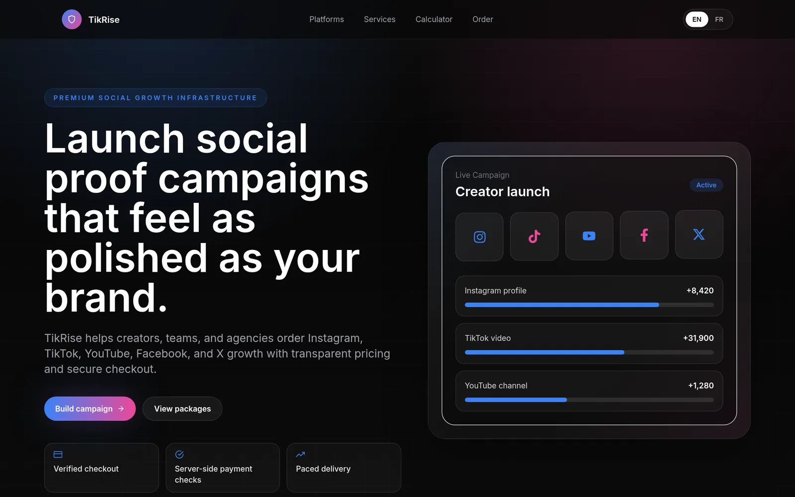 TikRise landing page: 'Launch social proof campaigns that feel as polished as your brand' beside a live campaign card